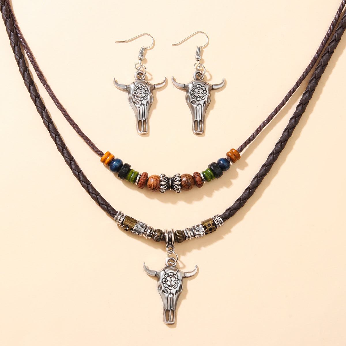 Wholesale Ox head shaped wooden bead double necklace Braided rope clavicle necklace